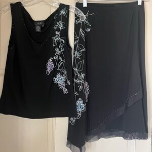Vintage BCBG Black Floral Embroidered Skirt Set